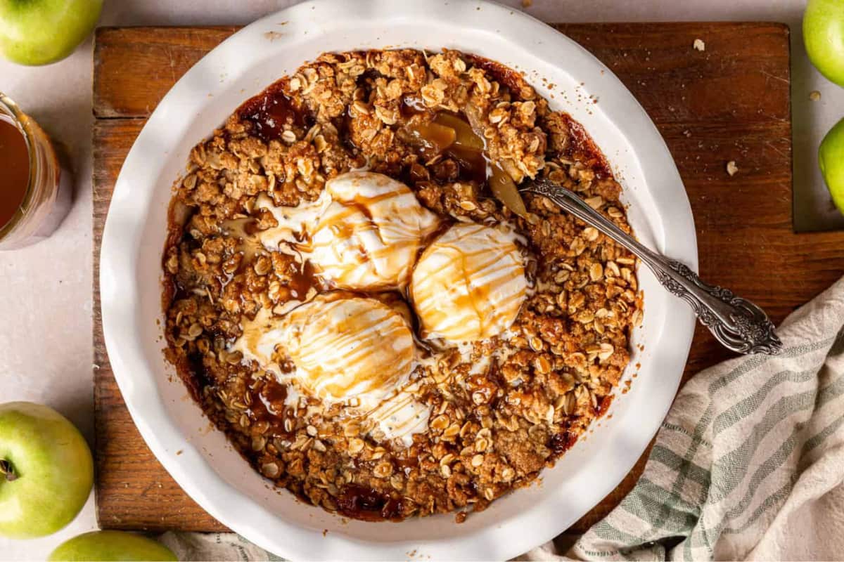 A dish of Caramel Apple Crisp.