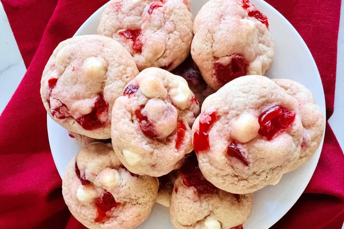 A plate of Cherry White Chocolate Chip Cookies.
