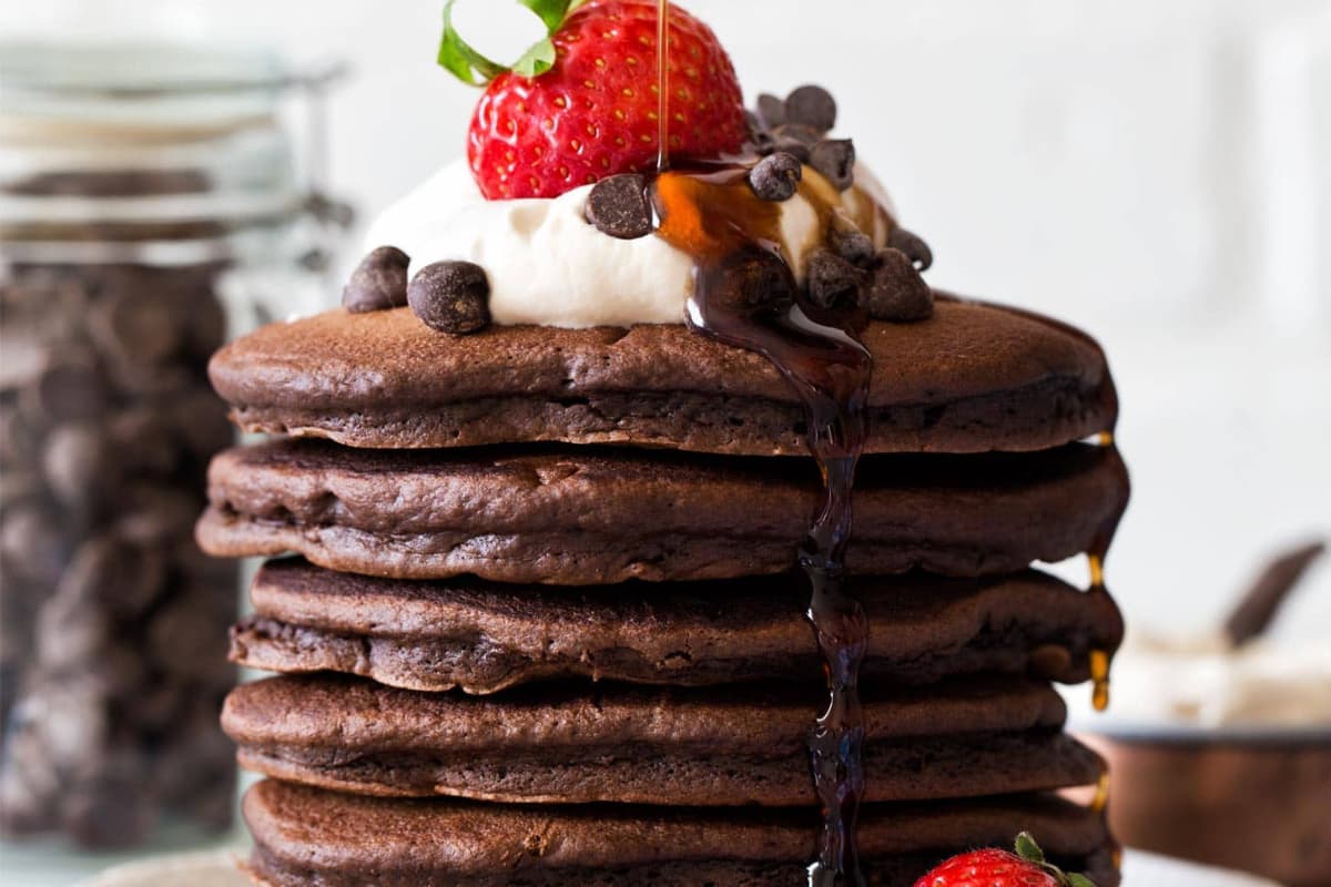 A plate of Chocolate Espresso Pancakes.