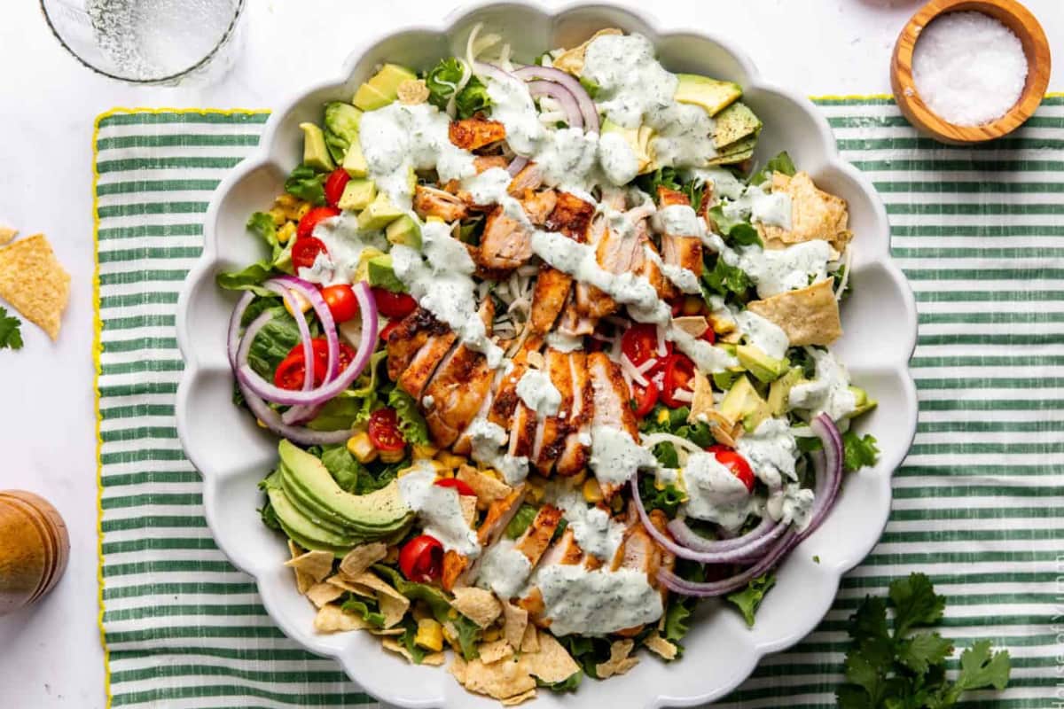 A bowl of Creamy Cilantro Ranch Chicken Salad.