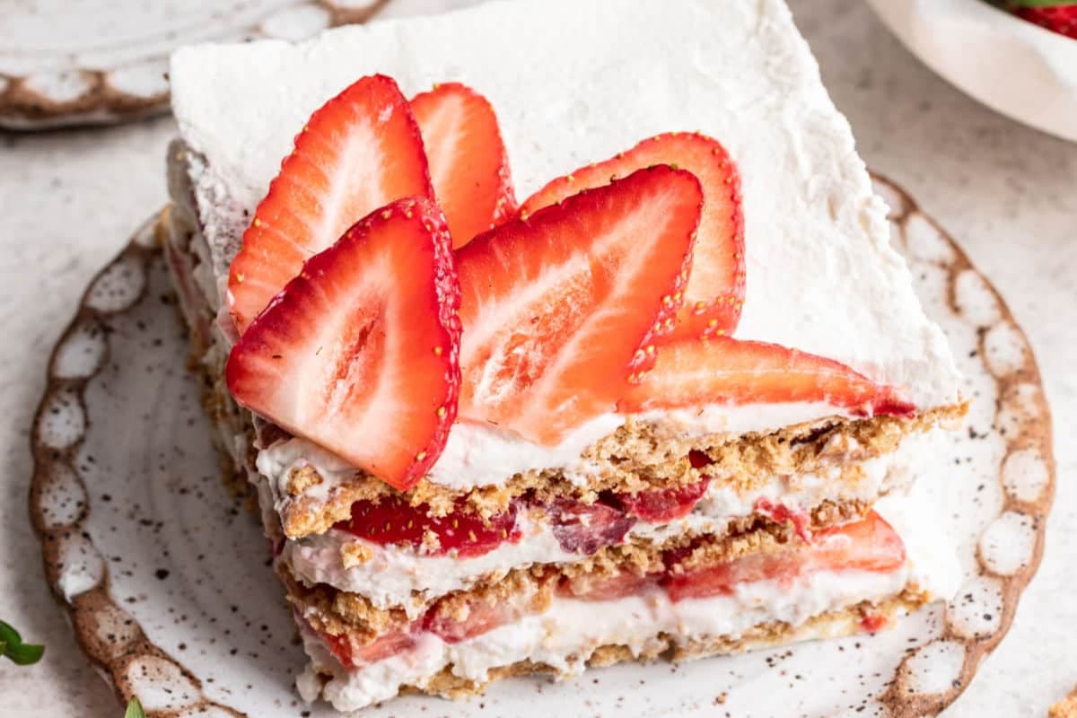A plate of Strawberry Icebox Cake.