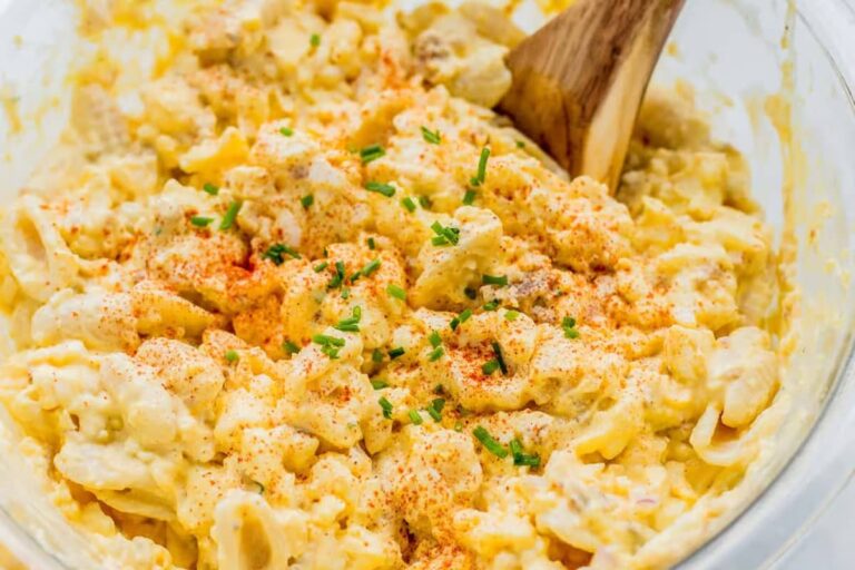 A bowl of Deviled Egg Pasta Salad.