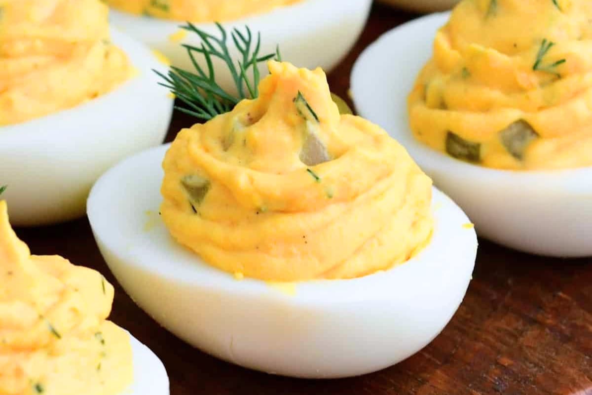 A plate of Dill Pickle Deviled Eggs.