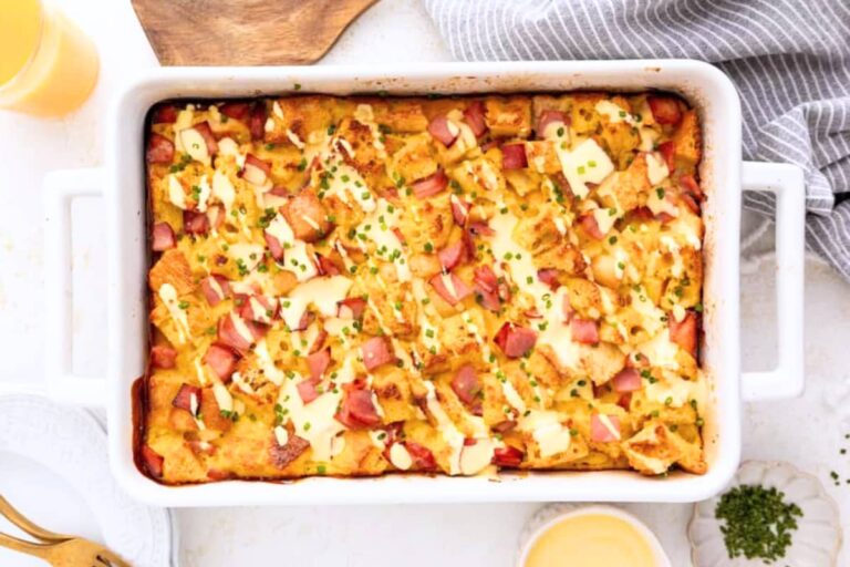 A dish of Eggs Benedict Casserole.