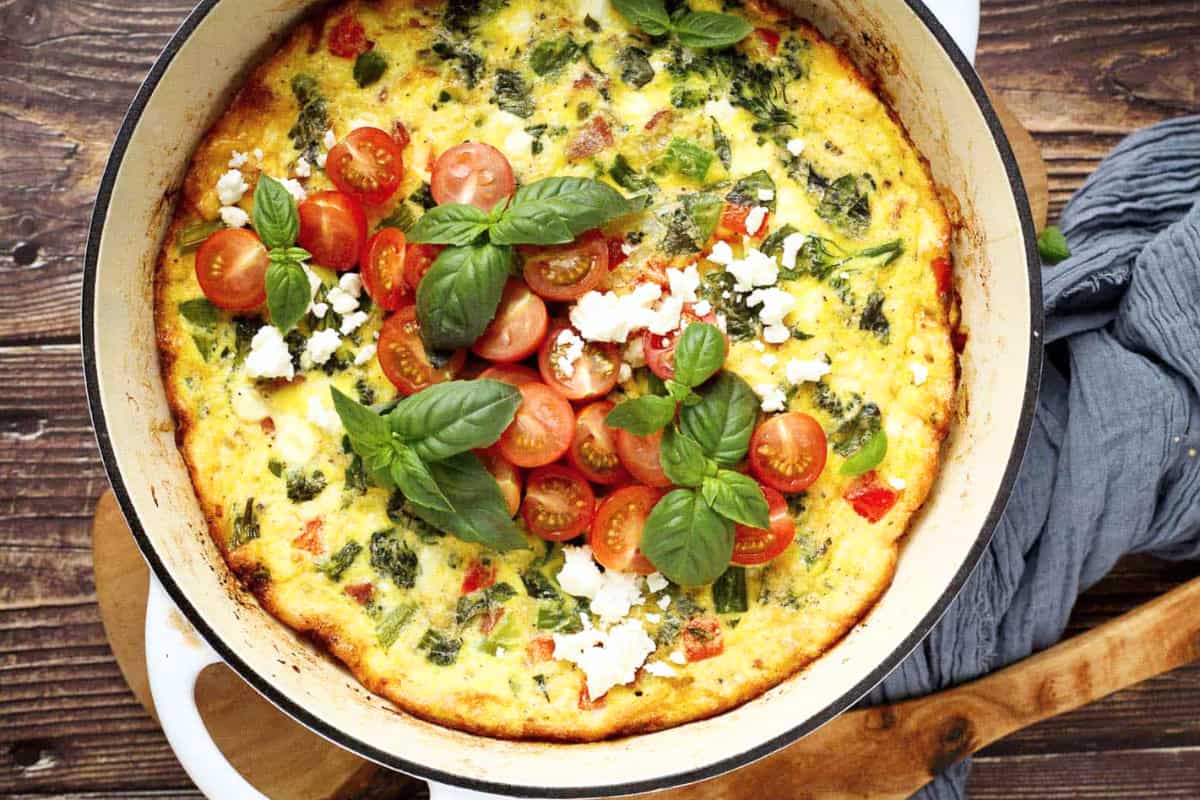 A dish of Broccolini Frittata with Turkey Bacon and Feta.