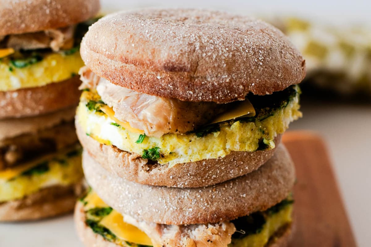 A plate of High Protein Turkey Breakfast Sandwiches.