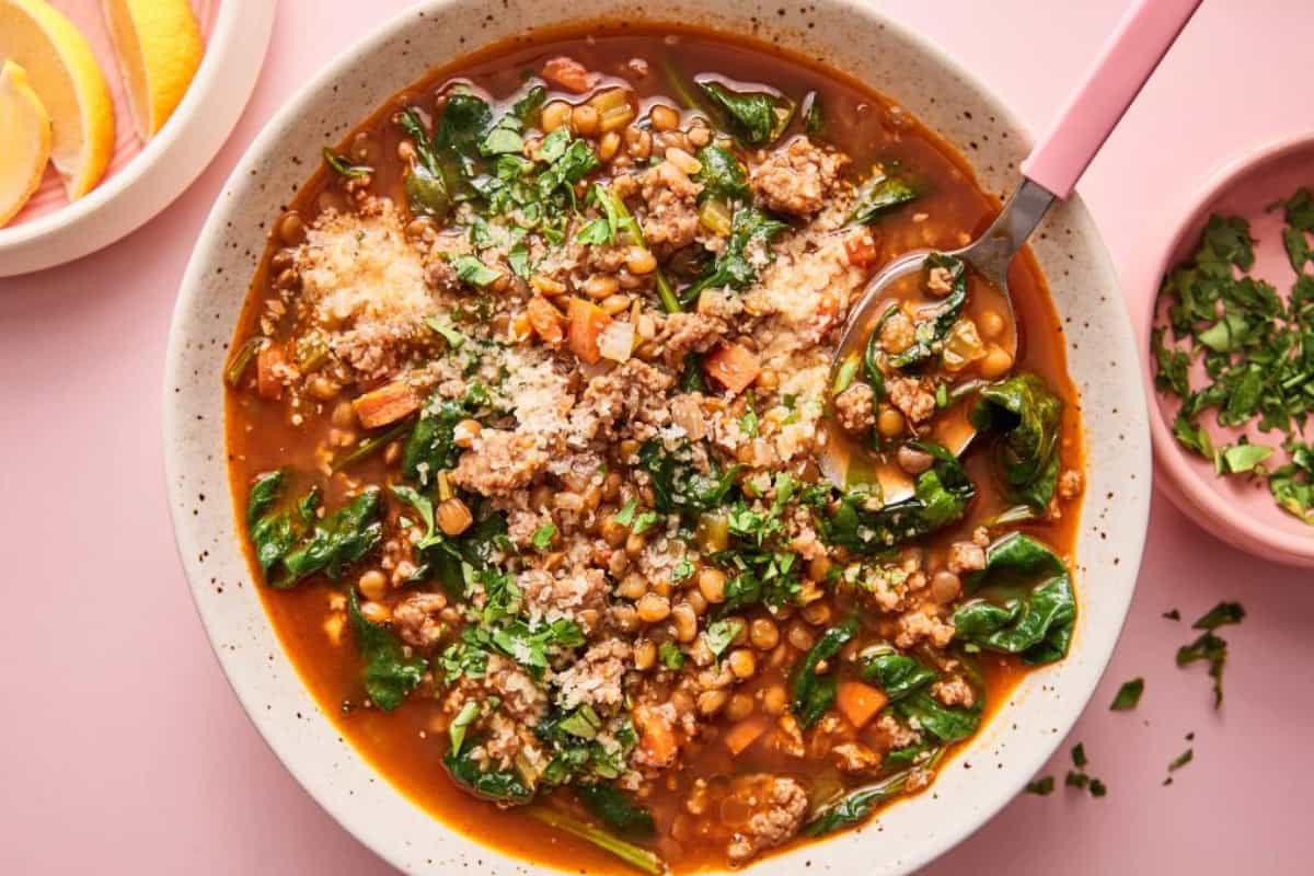 A bowl of Sausage Lentil Soup.