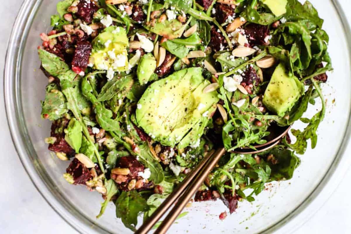 A bowl of Roasted Beet and Avocado Salad.