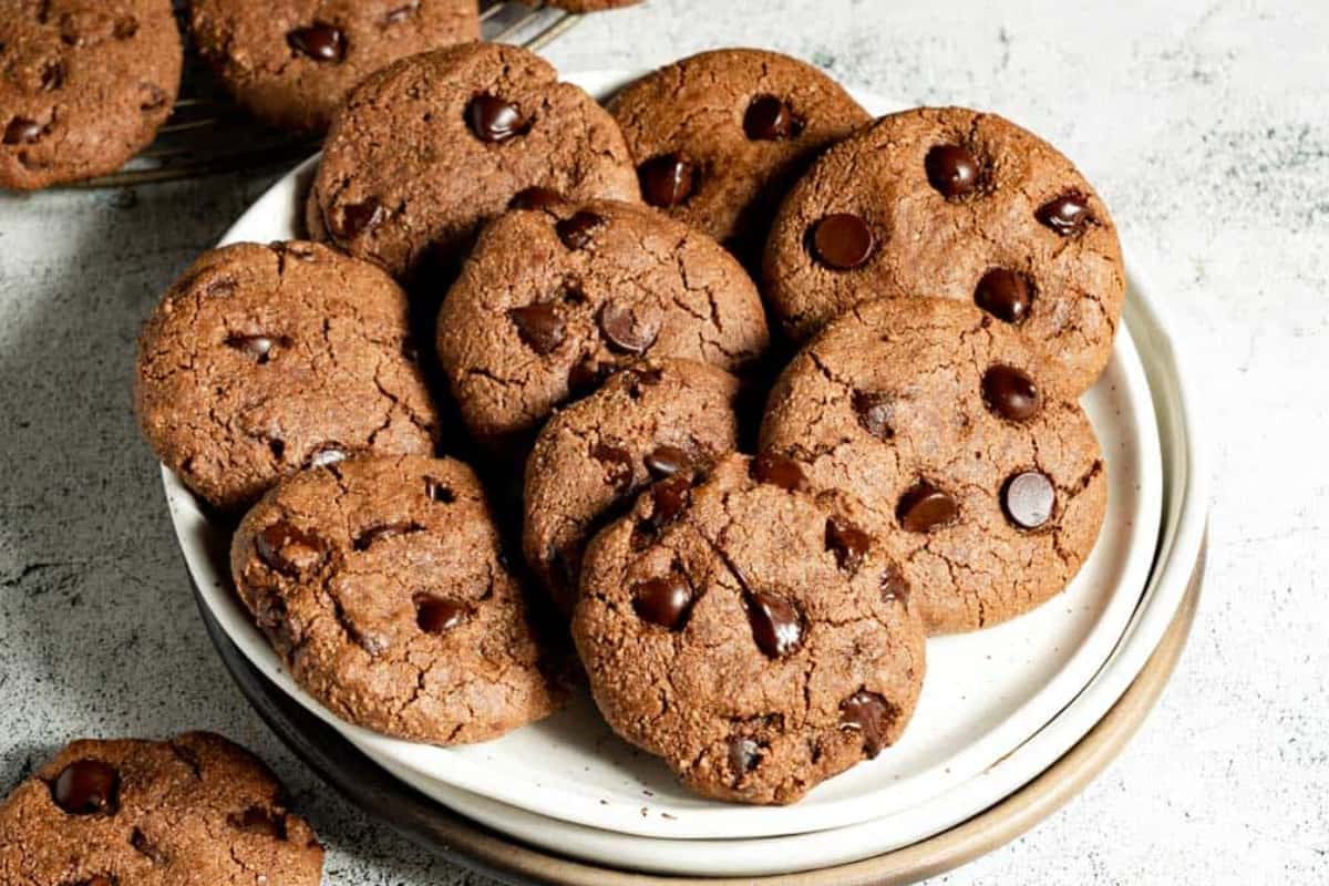 A plate of Double Chocolate Almond Flour Cookies.