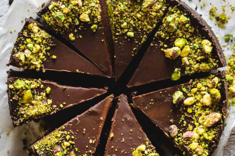 A dish of No-Bake Chocolate Pistachio Cake.