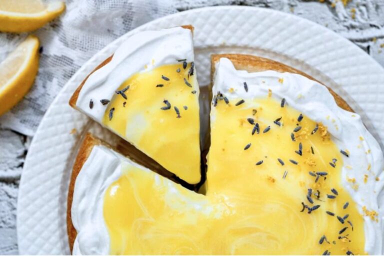 A plate of gluten free lemon lavender cake.