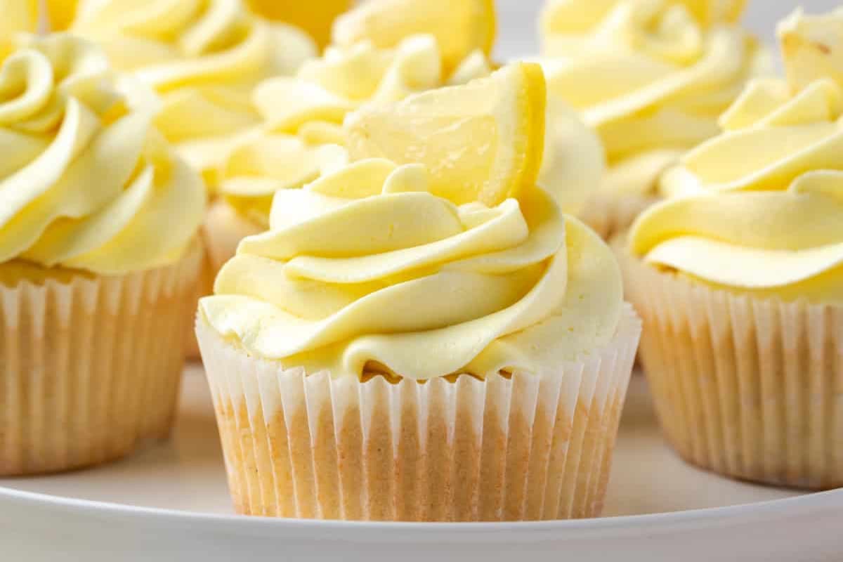 A plate of Gluten Free Lemon Cupcakes.