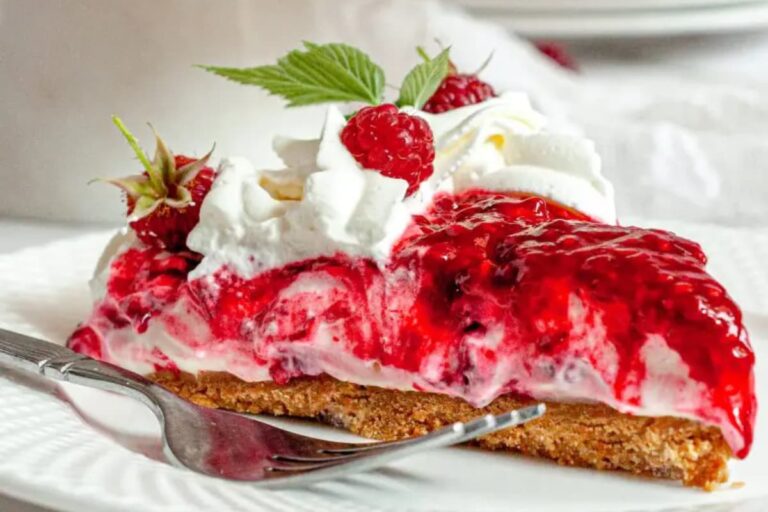 A plate of raspberry cheesecake.