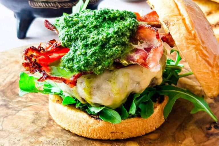 A plate of Grilled Lamb Burger with Mint-Jalapeño Chimichurri.