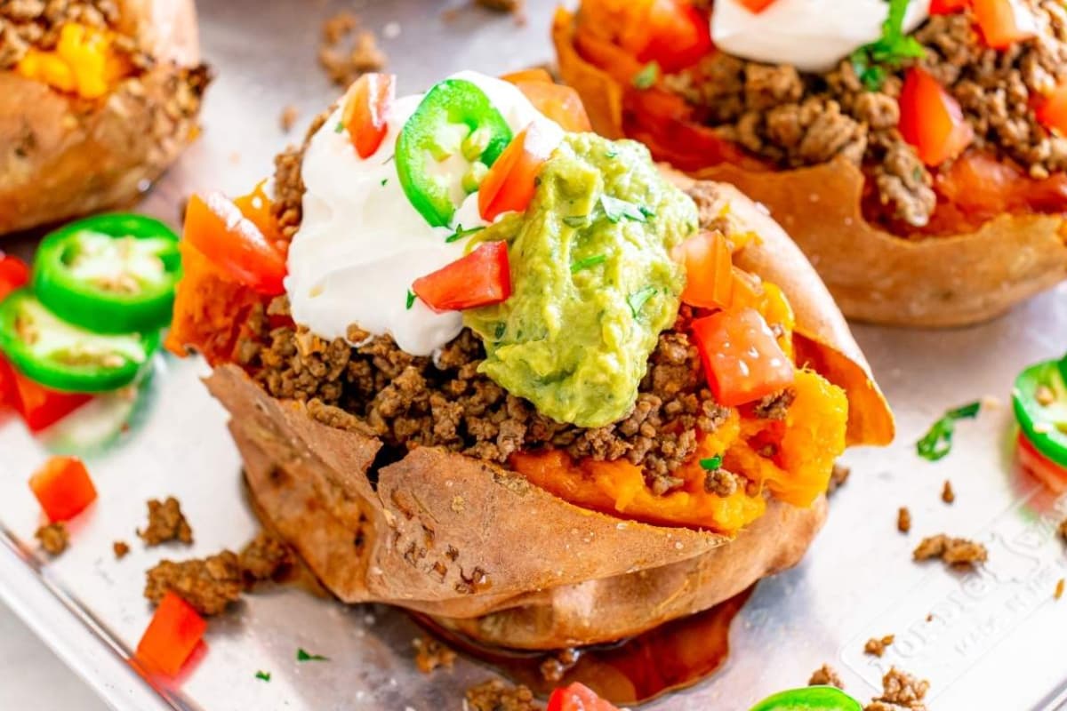 A plate of Taco Stuffed Sweet Potatoes.