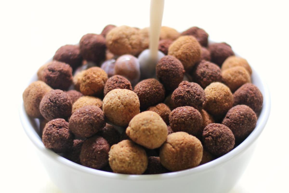 A bowl of Copycat Gluten-Free Reese's Puffs Cereal.