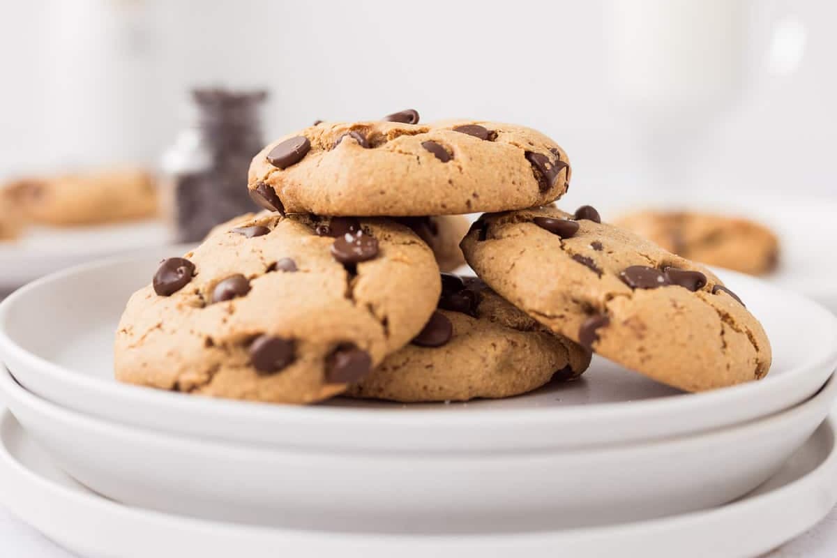 A plate of Chewy Chocolate Chip Protein Cookies.