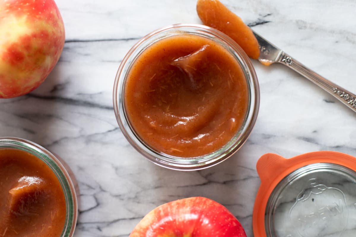 A jar of Honeycrisp Instant Pot Apple Butter.