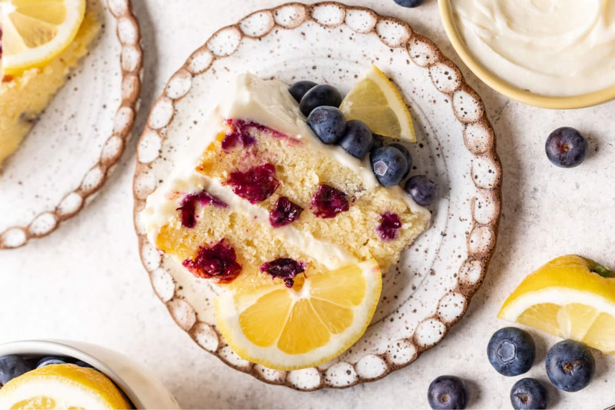 A plate of Lemon Blueberry Cake.