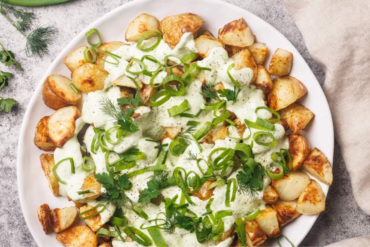 A plate of Loaded Ranch Potato Salad.
