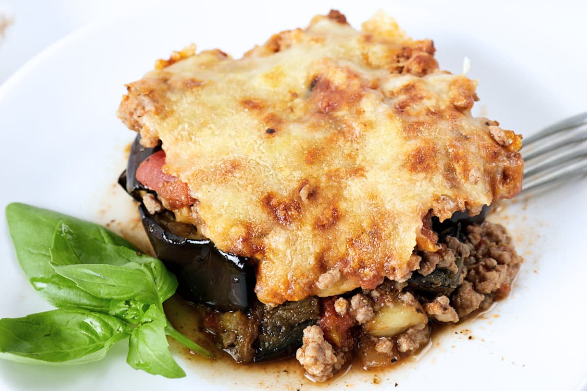 A plate of Eggplant Ground Beef Casserole.