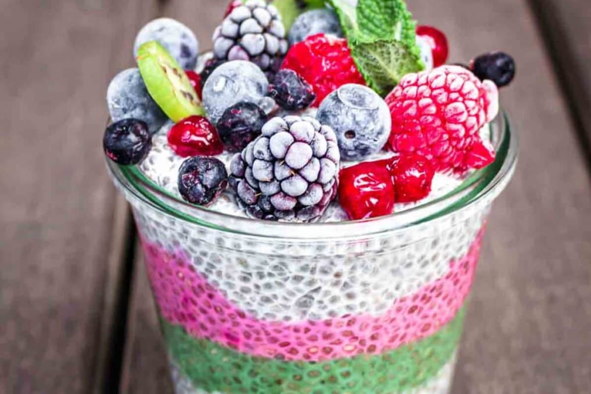 A dish of Rainbow Keto Chia Pudding.