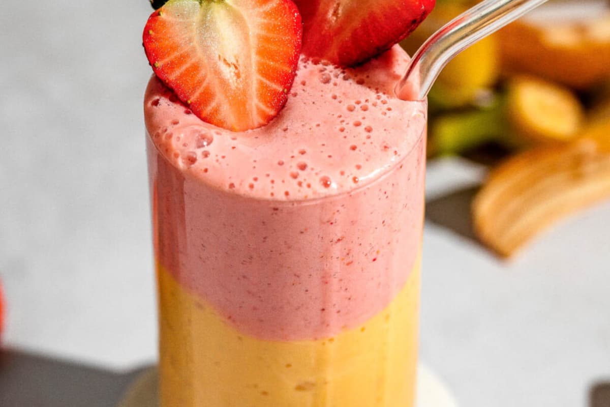 A glass of Mango Strawberry Greek Yogurt Smoothie.
