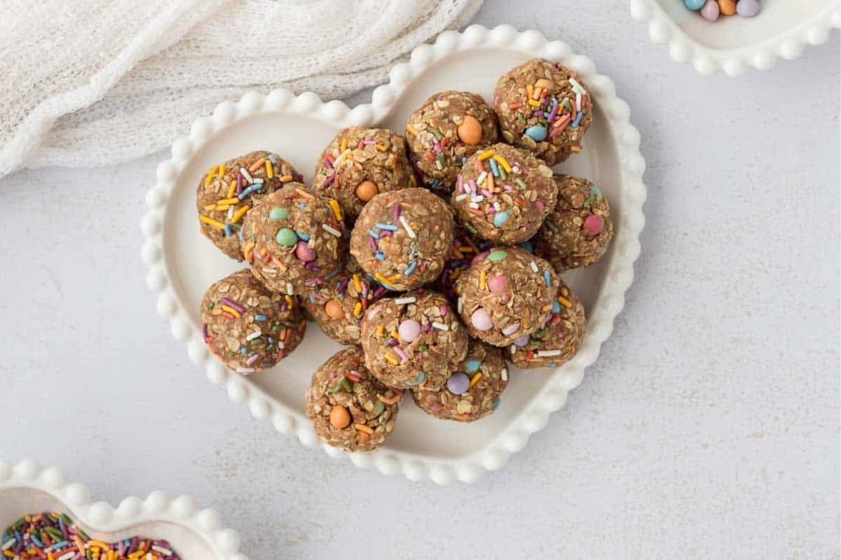 A dish of Birthday Cake Protein Balls.