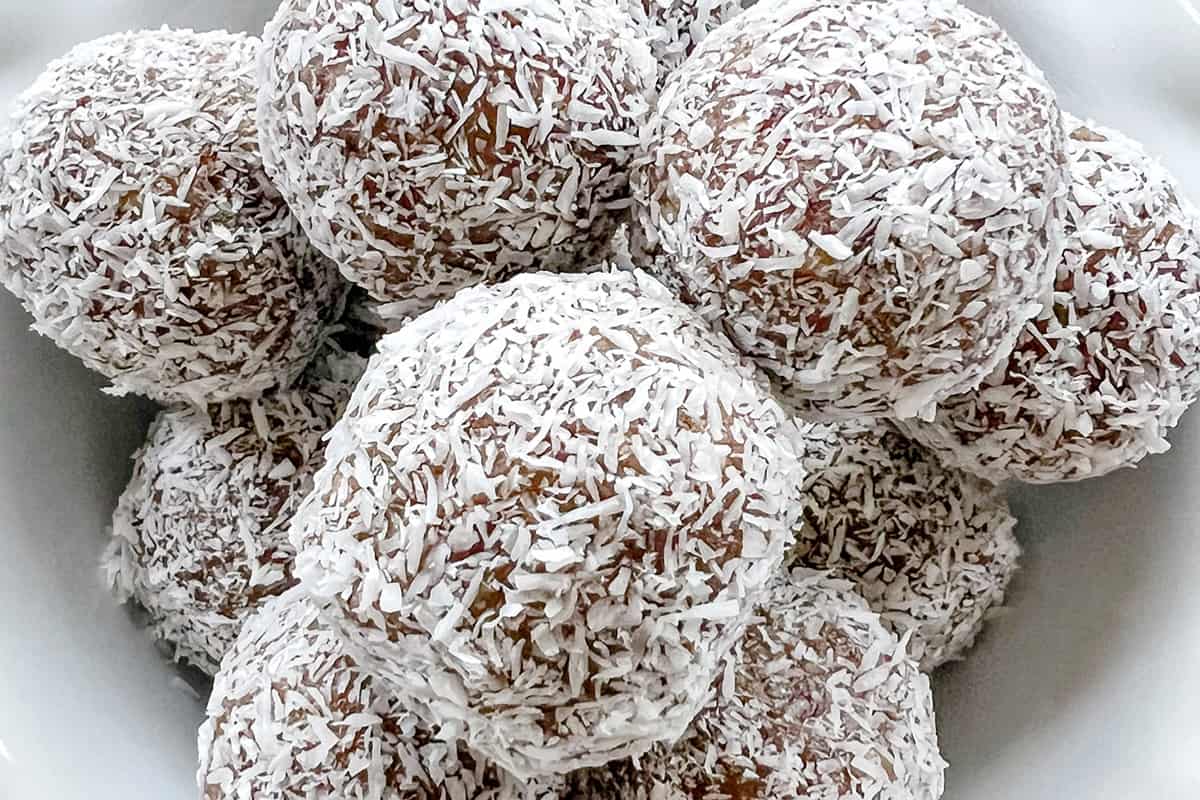 A dish of Coconut Bliss Balls with Dates.