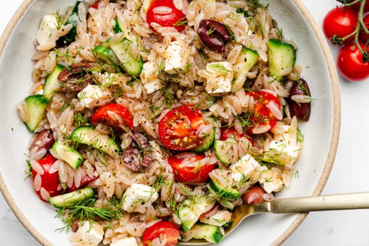 A bowl of Greek Orzo Salad.