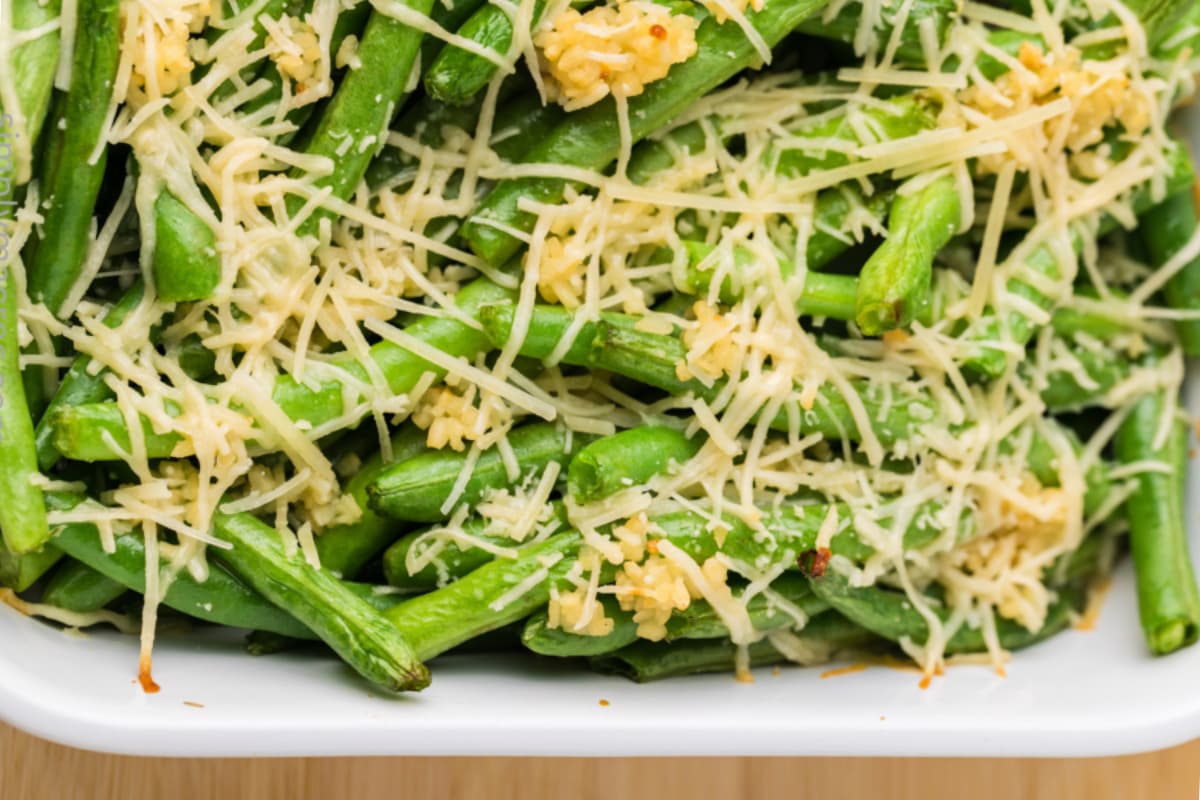 A dish of Garlic Parmesan Green Beans.