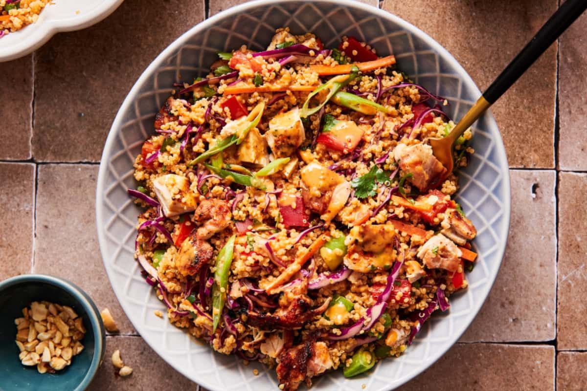 A dish of Quinoa Chicken Salad with Peanut Dressing.