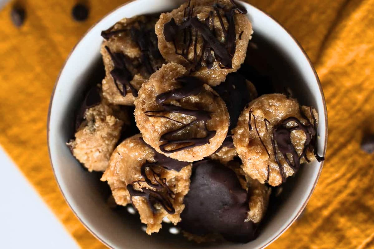 A dish of Low Sugar Freezer Protein Cookie Dough Bites.