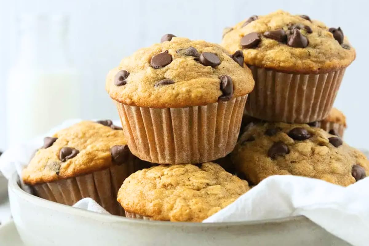 A bowl of banana chocolate chip muffins.