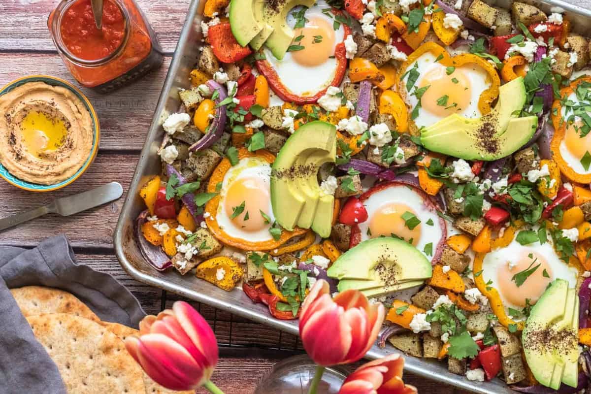 A dish of Za'atar Sheet Pan Vegetables and Eggs.