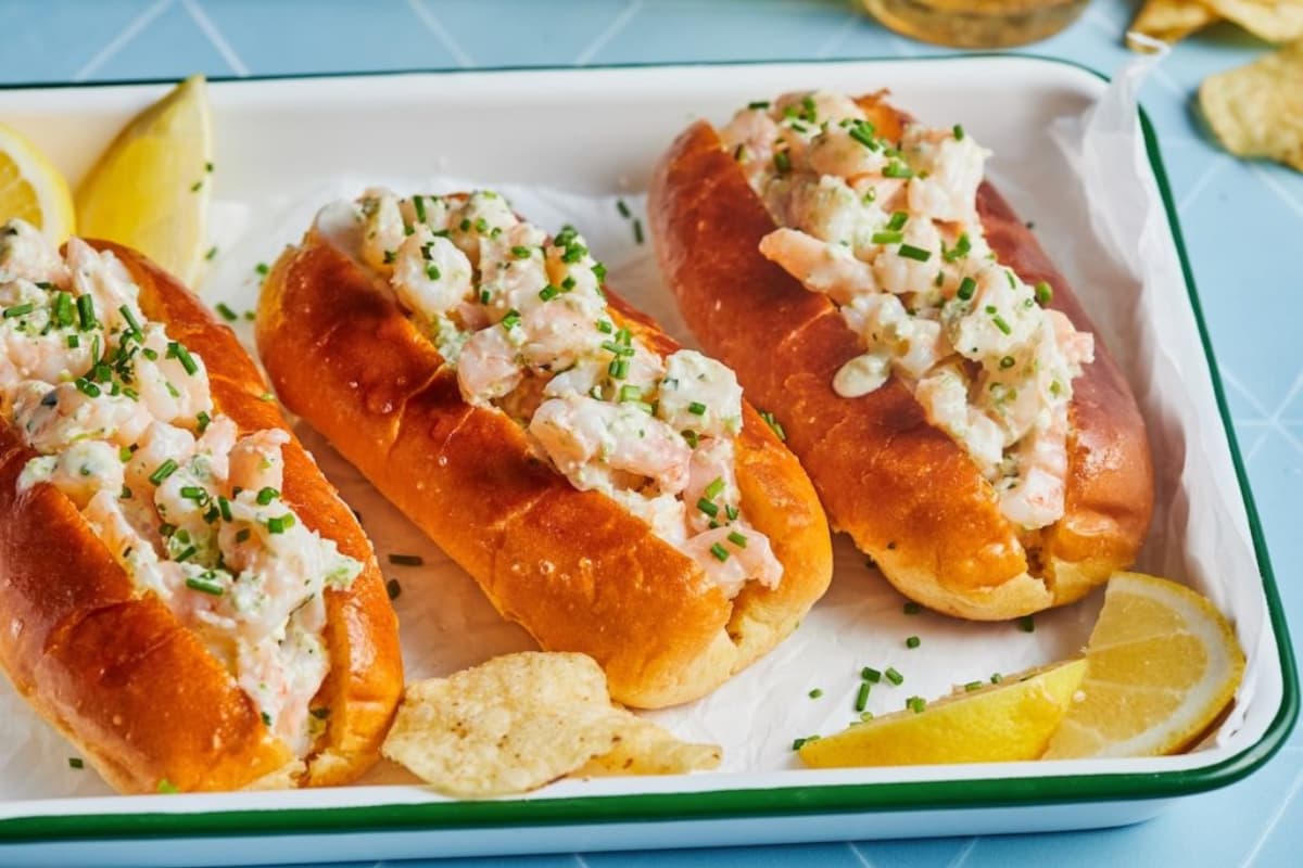 A dish of Shrimp Salad Sandwich.