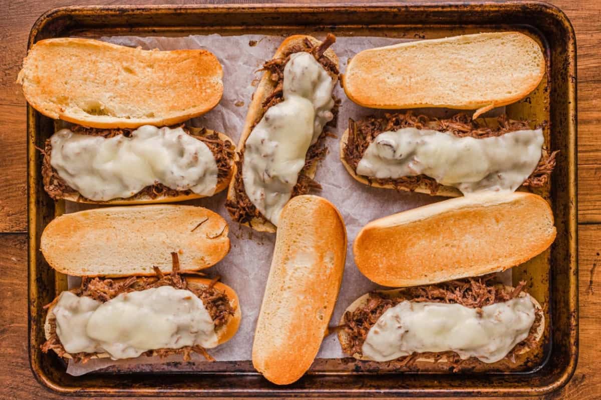 A tray of Easy French Dip Sandwiches.
