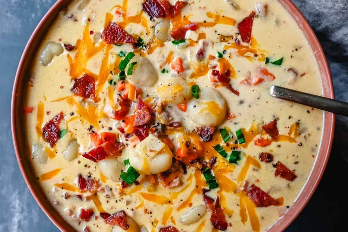 A bowl of Bacon Cheddar Gnocchi Soup.