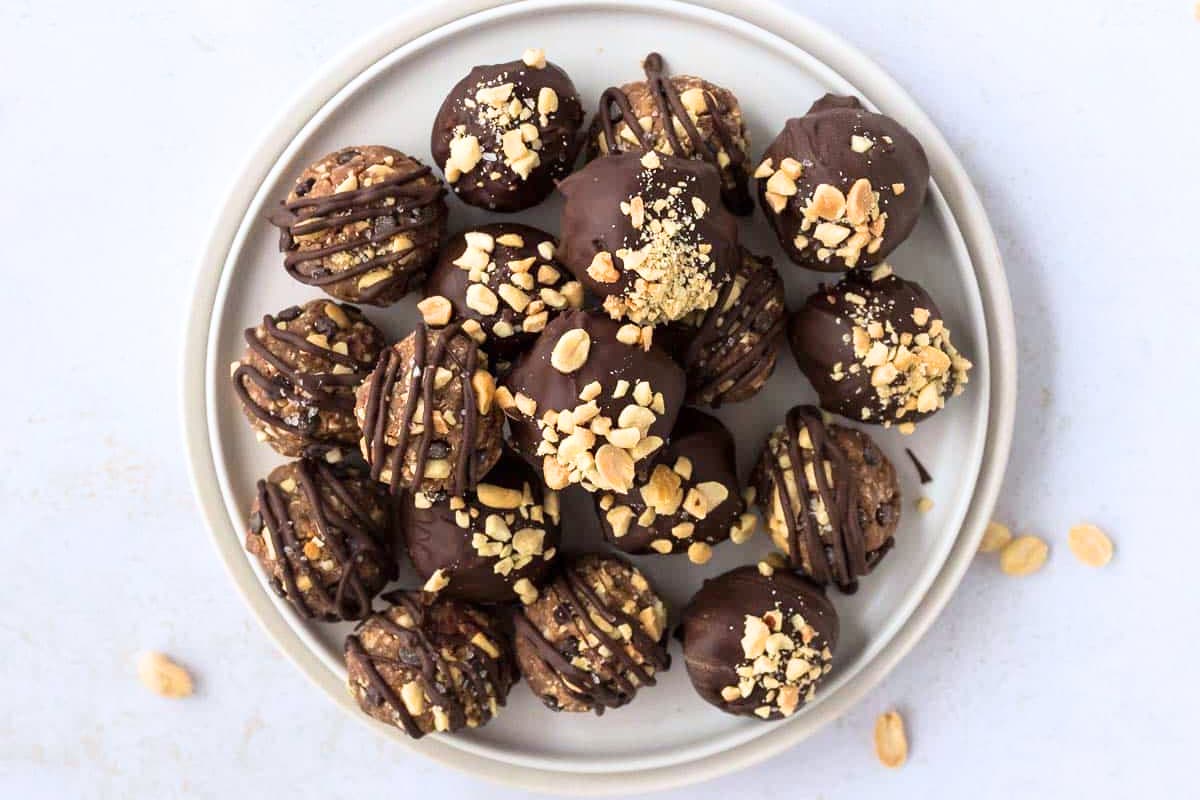 A plate of Snickers Protein Balls.