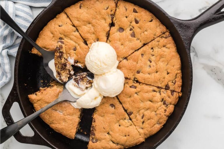 A dish of Sourdough Chocolate Chip Skillet Cookie.