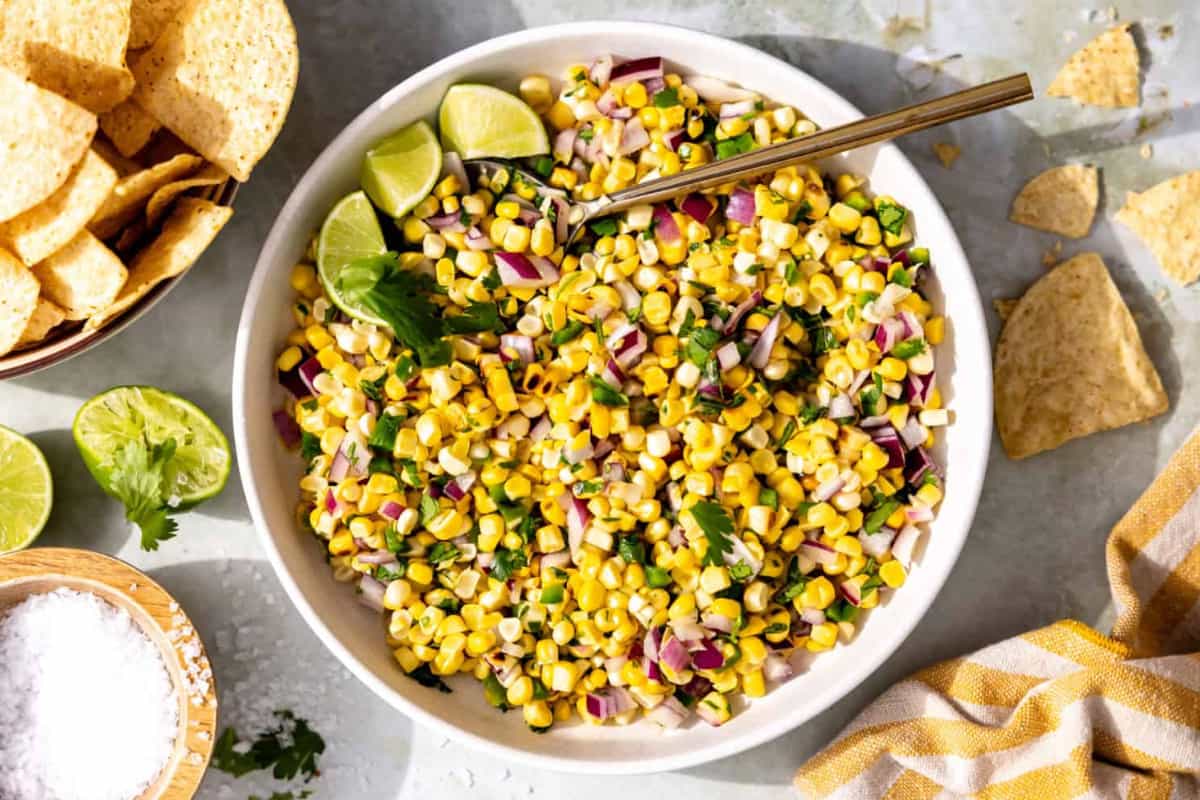 A dish of Corn Salsa (Chipotle Copycat).