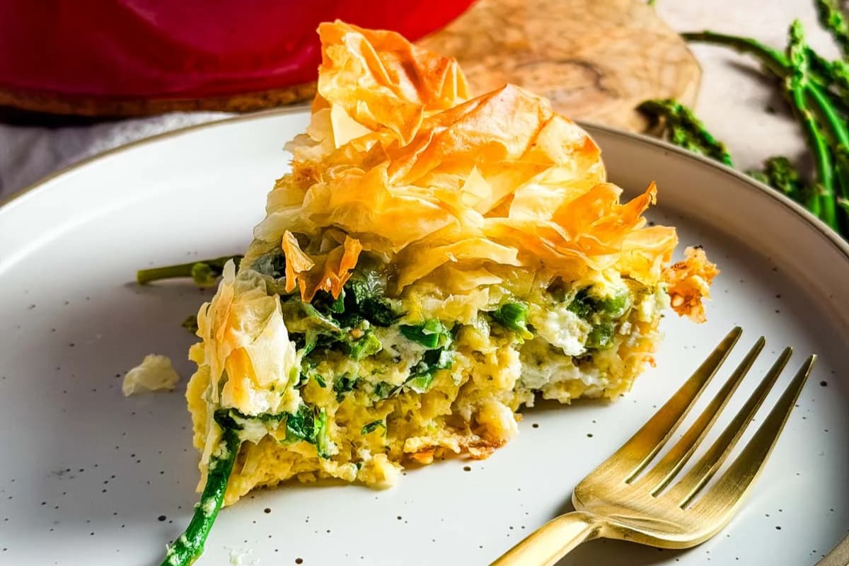 A plate of Asparagus Goat Cheese Tart with Phyllo Dough.