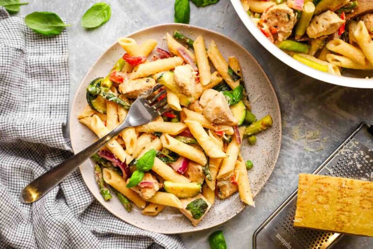 A plate of Chicken Pasta Primavera.
