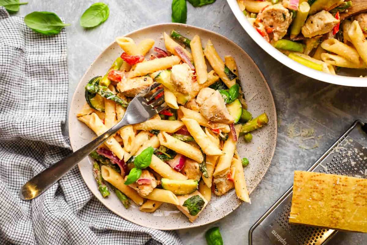 A plate of Chicken Pasta Primavera.
