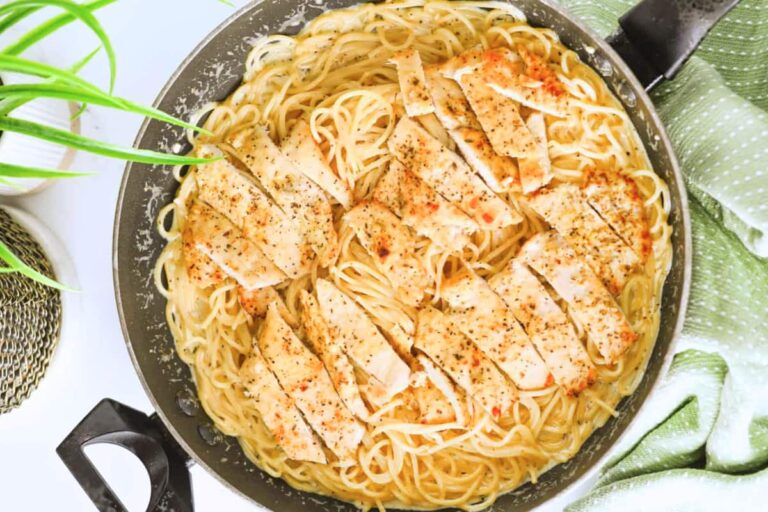 A skillet of lemon chicken pasta.