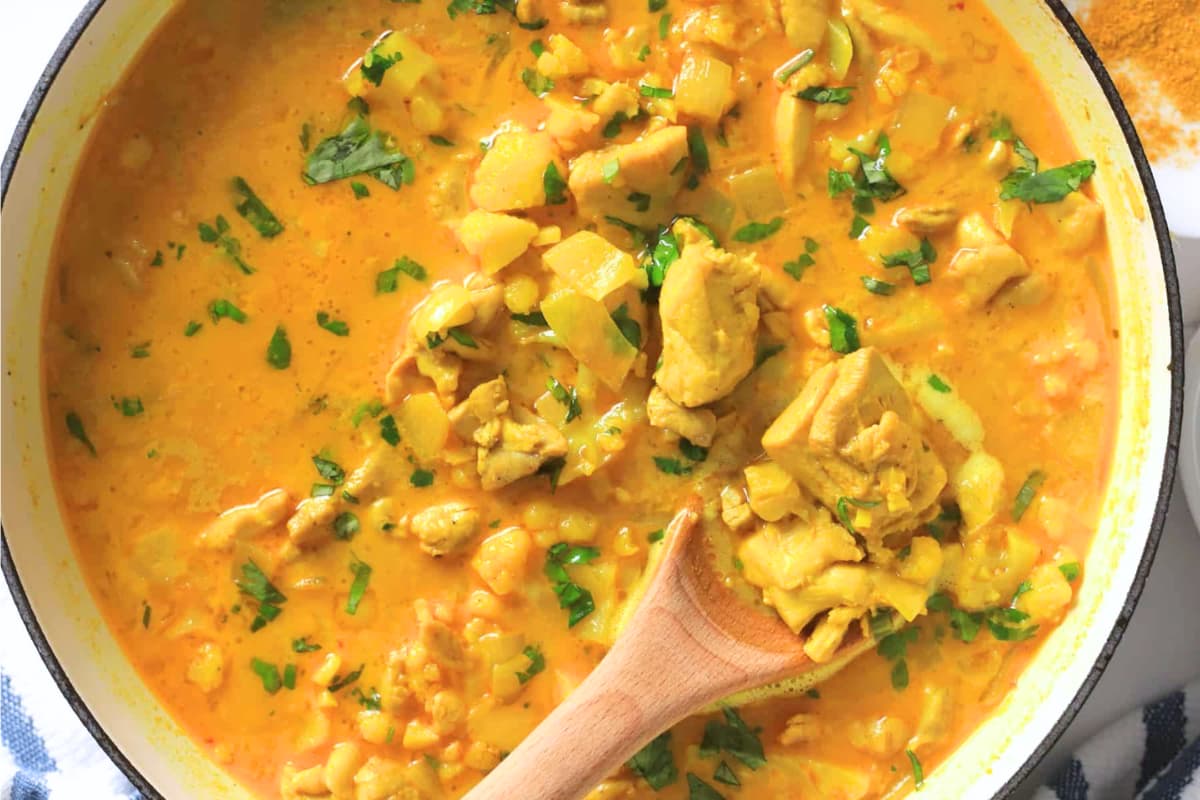 A dish of Low Carb Thai Red Curry Chicken.