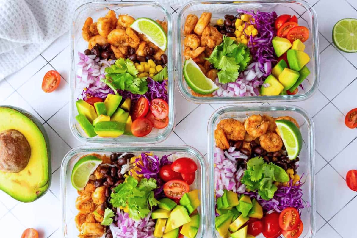 Dishes of Shrimp Taco Salad Bowls.