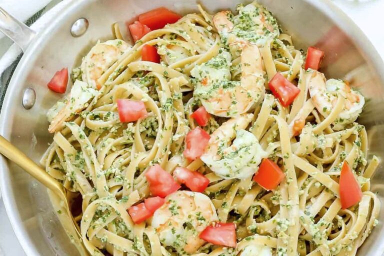 A dish of 30-Minute Shrimp Pesto Pasta.