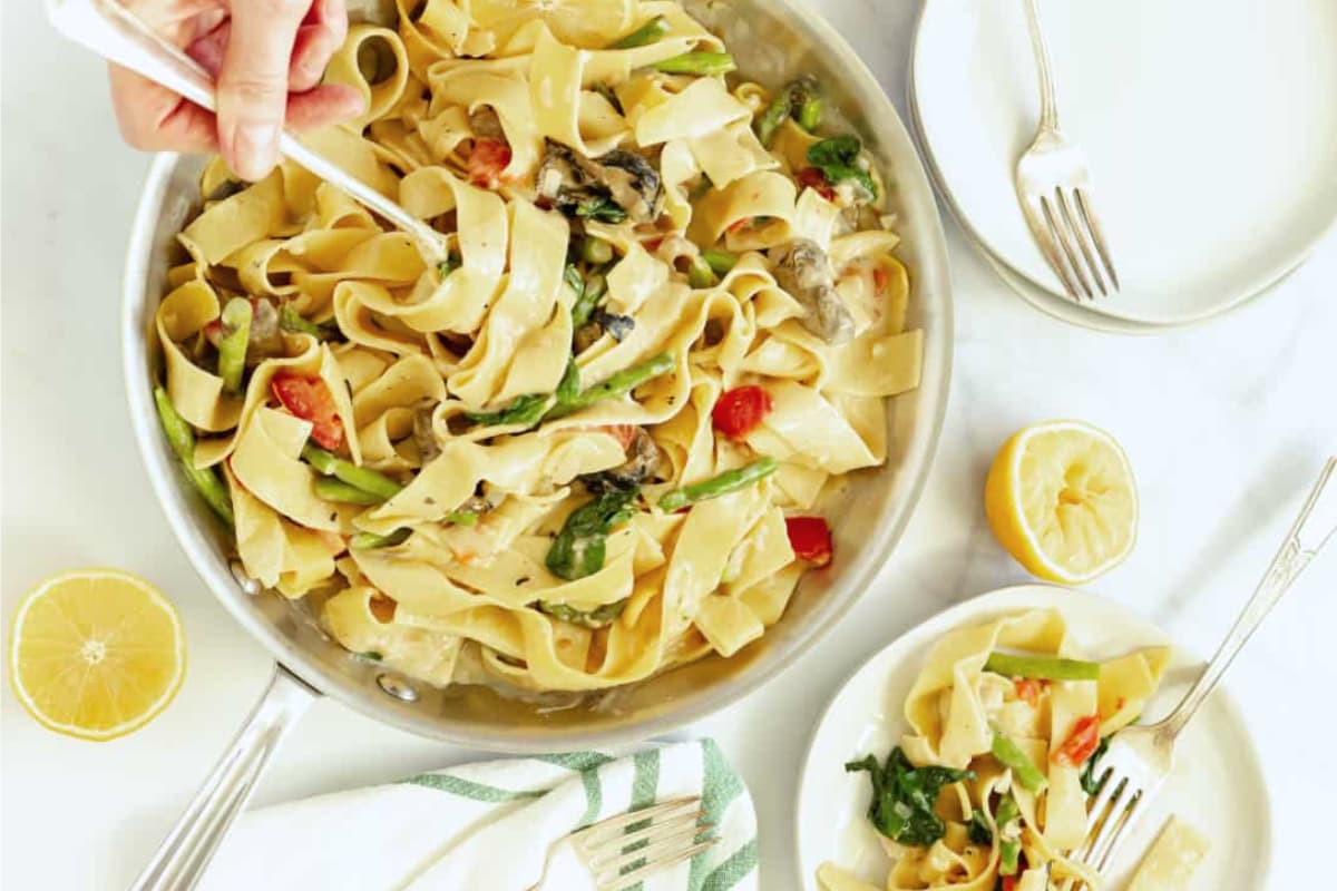 A dish of One Pot Pappardelle Pasta Primavera.
