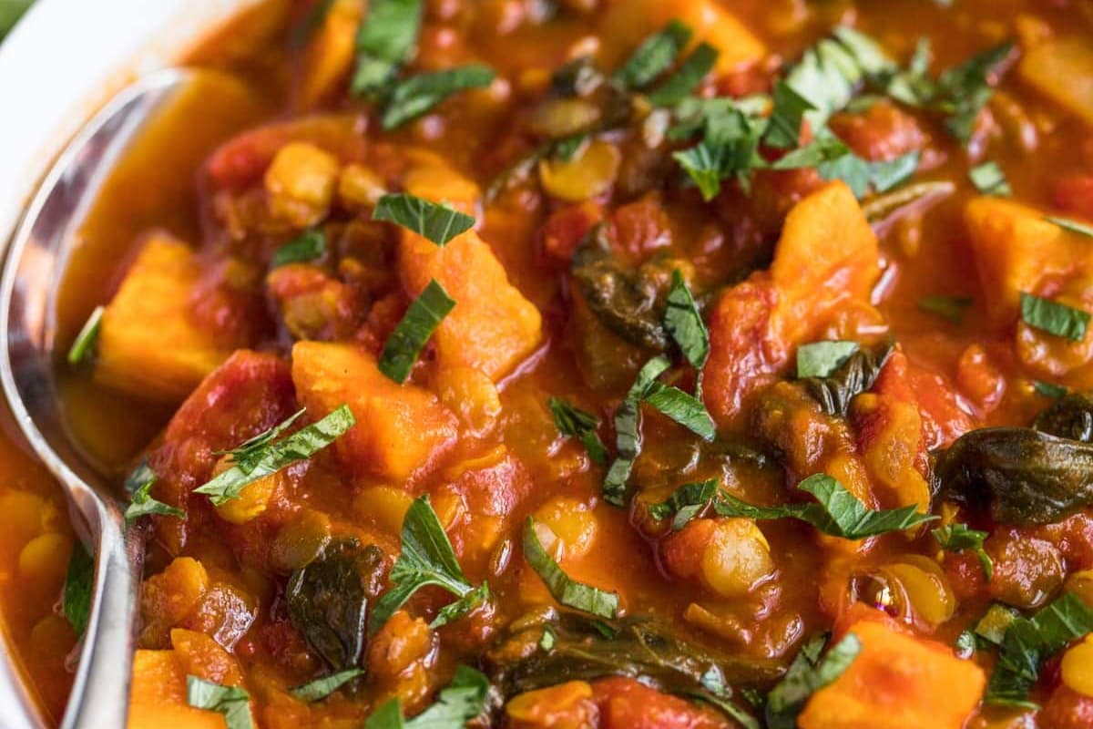 A bowl of Lentil and Sweet Potato Soup.